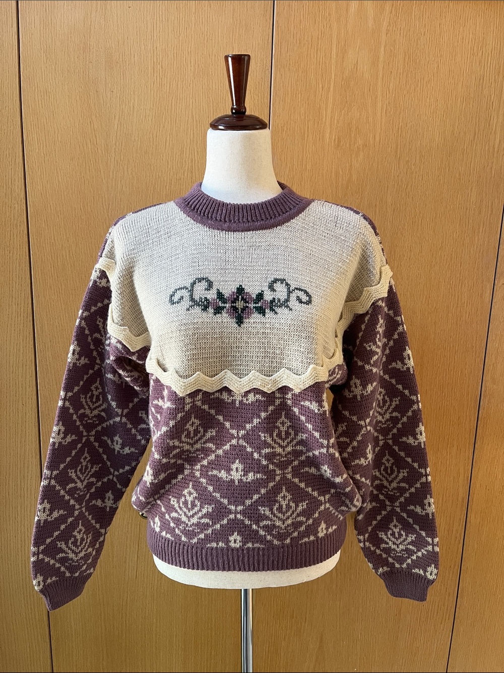 Cabin Creek Plum and Cream Crewneck Sweater with Patterned Body